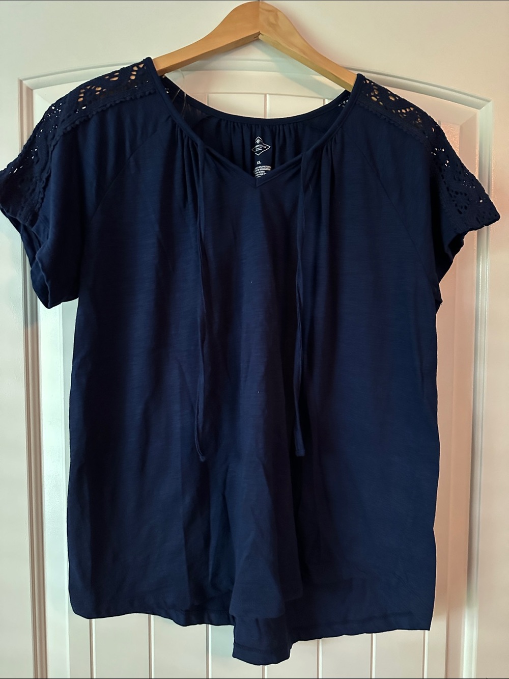 St. John's Bay Navy Short Sleeve Lace-Trim Blouse